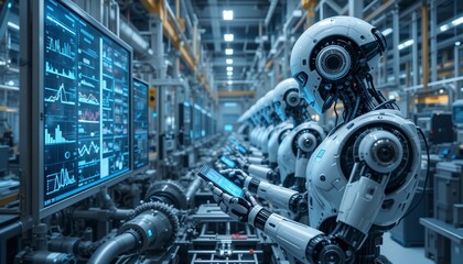 Fototapeta premium Advanced Robots Using Mobile Devices in a Futuristic Factory Setting
