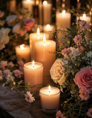 Candles and Flowers at Dusk: Soft, warm candlelight illuminates a charming arrangement of pink and white roses and delicate wildflowers, creating a serene and romantic ambiance.
