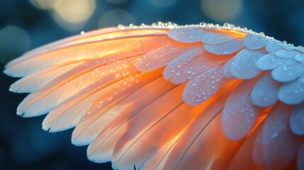 A bird wing frozen mid flap with intricate feather patterns glowing in sunlight