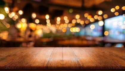 an empty beautiful wooden tabletop with a blurred bokeh background of a restaurant interior ideal for product display and key visual design concepts perfect for restaurant marketing