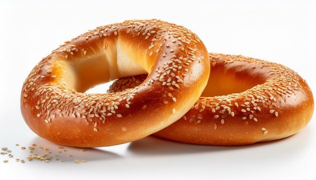 freshly baked bagels with sesame seeds isolated on white background white background