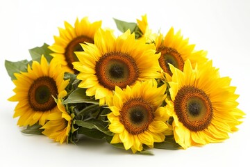 Fototapeta premium Bright sunflowers arranged beautifully on a plain background create a cheerful and vibrant display in a floral setting