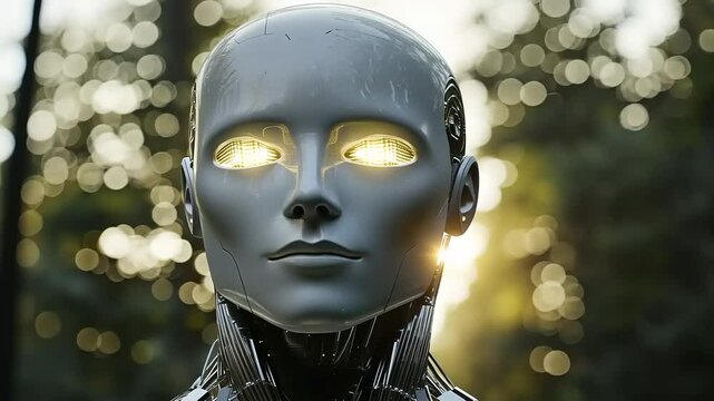Futuristic robotic figure with glowing eyes standing in a lush green forest backdrop during sunset