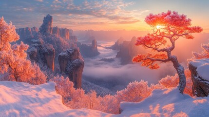 Winter sunrise over frosted mountain peaks