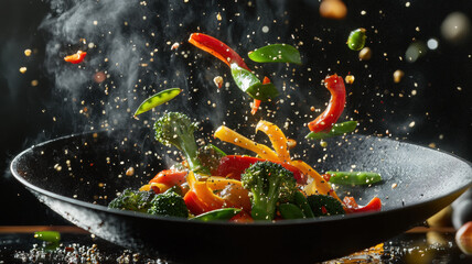 A vibrant vegetable stir-fry in a wok, featuring colorful bell peppers, broccoli, and snap peas, sizzling and fresh with dynamic motion