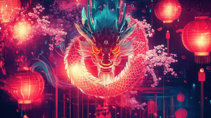 Enchanting dragon spirals around a glowing moon with cherry blossoms and lanterns in the starry sky: Lunar New Year