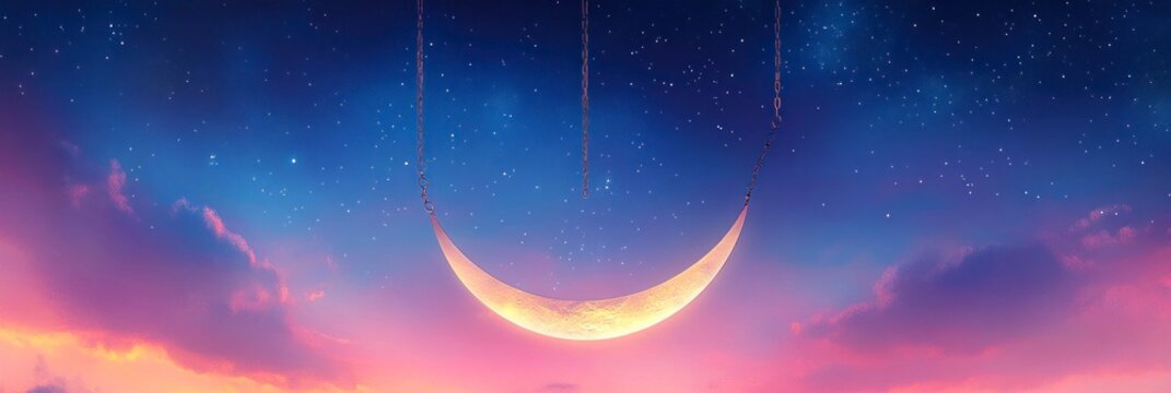 Eid al-Fitr morning sky with crescent moon and stars, vibrant colors of dawn, cresula moon, cresima z nouvelle la pleine lune, sky background, Ramadan concept.