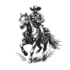 Monochrome illustration of a cowboy riding a galloping horse, detailed with bold strokes, showcasing Western spirit, strength, and freedom in action.