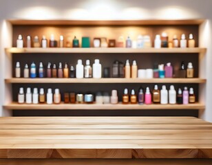 Fototapeta premium an empty wooden tabletop counter in a bright hair salon interior perfect for displaying natural and organic cosmetic products with a blurred background of shelves filled with cosmetics