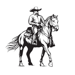Fototapeta premium Monochrome illustration of a cowboy riding a galloping horse, detailed with bold strokes, showcasing Western spirit, strength, and freedom in action.