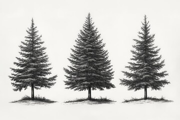 Fototapeta premium Three pine trees stand in a row in a minimalist artistic illustration against a light background