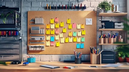 Modern, bright, and organized creative workspace featuring a corkboard with colorful sticky notes, shelves of supplies, and a clean wooden desk inspiring productivity - Powered by Adobe