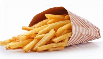 fresh fries in paper bag isolated on white background