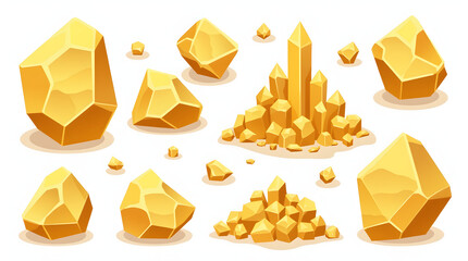 Set of isolated gold mine nuggets and rocks. Piles and heaps of golden gem stones. Solid jewels of natural shapes. Big and small shiny crystals of gemstones. Colored flat vector illustration