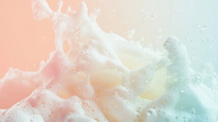 Fototapeta premium Soft foam erupts and splashes across a gentle pastel background, creating a vibrant visual effect that captures a playful and dynamic atmosphere in an artistic moment