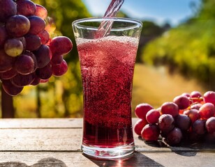 a fun outdoor scene with grape soda served in a tall glass bubbles rising and grapes in the background