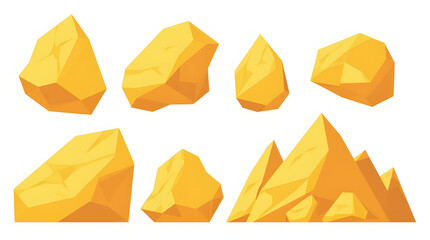 Set of isolated gold mine nuggets and rocks. Piles and heaps of golden gem stones. Solid jewels of natural shapes. Big and small shiny crystals of gemstones. Colored flat vector illustration