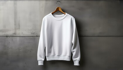 a white sweatshirt mockup hanging on a concrete wall with a hanger viewed from the front high resolution high detail and sharpness for design and print presentations