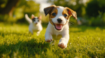Happy dog ​​and cat run on the grass in a sunny summer park
