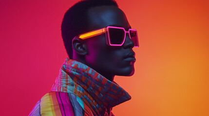 A man in a layered outfit with asymmetrical cuts and neon accents, his face framed by oversized geometric glasses