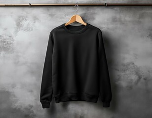 a black sweatshirt on a hanger against a concrete wall background serving as a mockup template for design presentations