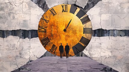 Fototapeta premium Two Silhouettes Stand Before a Large Golden Clock in a Broken Wall