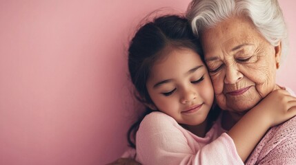 A smiling grandmother and her young granddaughter enjoy a heartfelt moment together. They are hugging tightly against a soft pink background, radiating love and warmth