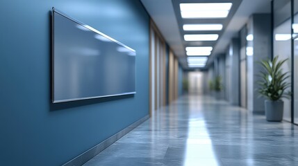 Blank Glass Sign on a Blue Wall in a Modern Office Corridor with Elegant Design and Natural Light Enhancing the Work Environment