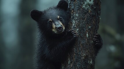 A black bear cub climbing a tree in a temperate forest