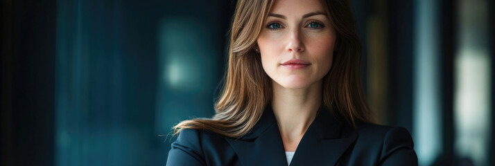 Naklejka premium Confident businesswoman in professional attire standing in a modern office space,copy space