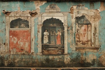 Fototapeta premium Beautifully weathered wall mural depicting figures in traditional attire in an ancient courtyard setting