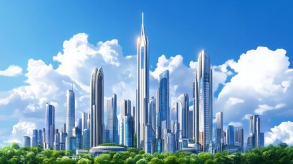 Modern City Skyline with Skyscrapers and Clear Blue Sky