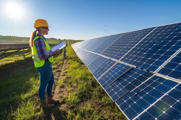 On a sunny day, a female engineer in a hard hat and safety vest inspects solar panels at a renewable energy farm to enhance their performance and boost efficiency in generating clean electricity