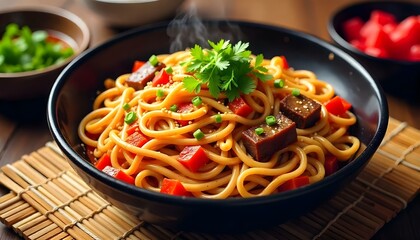 A vibrant japchae platter with glass noodles, stir fried vegetables in a black bowl