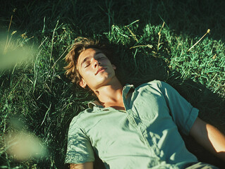Outdoor young man light green shirt lying natural,resting grass dirt sunlight,relaxation,serenity,natural beauty,sexy,park,forest,fit,nap,warm,dream,cozy,male,life,cute,garden,model,gaze,campaign