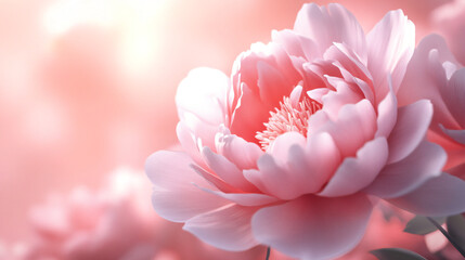 Pink peony bud close up on blurred background. Design banner  template for cards and greetings on spring day, international women's day, mother's day for backdrops and wallpapers with space for text