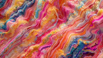Vivid colors blend seamlessly in an abstract design, showcasing dynamic swirls of pink, orange, blue, and yellow, creating an artistic, fluid effect