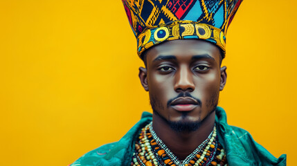 Obraz premium An African American man wearing a traditional dashiki with a modern twist, his head adorned with a matching fabric crown
