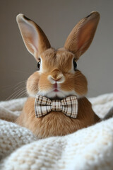 Fototapeta premium A rabbit wearing a tiny bowtie, sitting politely on a soft blanket.