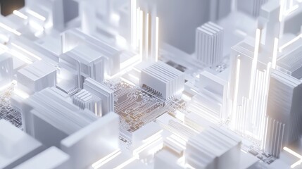 Advanced technology concept with microchip, white neon data flowing from cpu across futuristic motherboard, high-tech digital circuitry and computing innovation, 3d render of modern technology design

