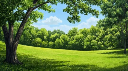 Fototapeta premium Lush Green Meadow with Vibrant Trees and Clear Blue Sky