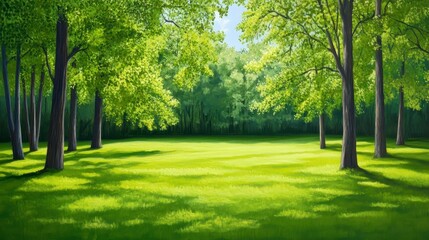 Lush Green Meadow Surrounded by Tall Trees Under Blue Sky
