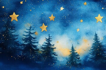 Starry night over a serene forest painted in vibrant blue and gold hues
