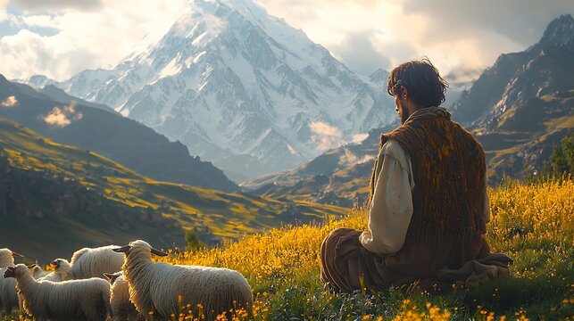 Young Pashtun farmer dressed in a traditional woolen vest and pakol tending to his sheep in a high altitude meadow surrounded by towering mountain peaks