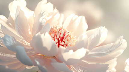 Obraz premium White peony bud close up on blurred background. Design banner template for cards and greetings on spring day, international women's day, mother's day for backdrops and wallpapers with space for text