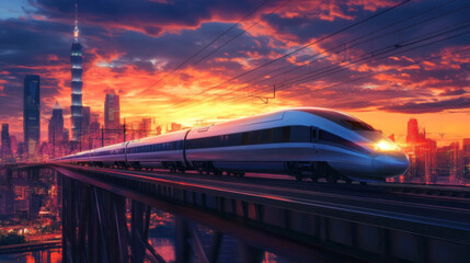 Train crossing bridge at sunset with city skyline