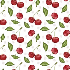 Cherry pattern for fabric design, cherry wallpaper, berry print, berry seamless pattern, on white background, watercolor