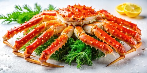 Succulent Alaskan King crab legs, a gourmet seafood delicacy.  High-resolution image showcases premium crab meat.