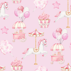 Watercolor seamless pattern with carousel, cotton candy,cake,candy,star.Attraction.Entertaiment.Baby print.Fabric design for little girl.Childhood.Sweet food.Cafe.