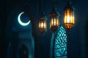Eid Mubarak and Ramadan Kareem greetings with Islamic lanterns, mosque window, and a crescent moon for a Muslim festival background with copy space. Blue night color. 